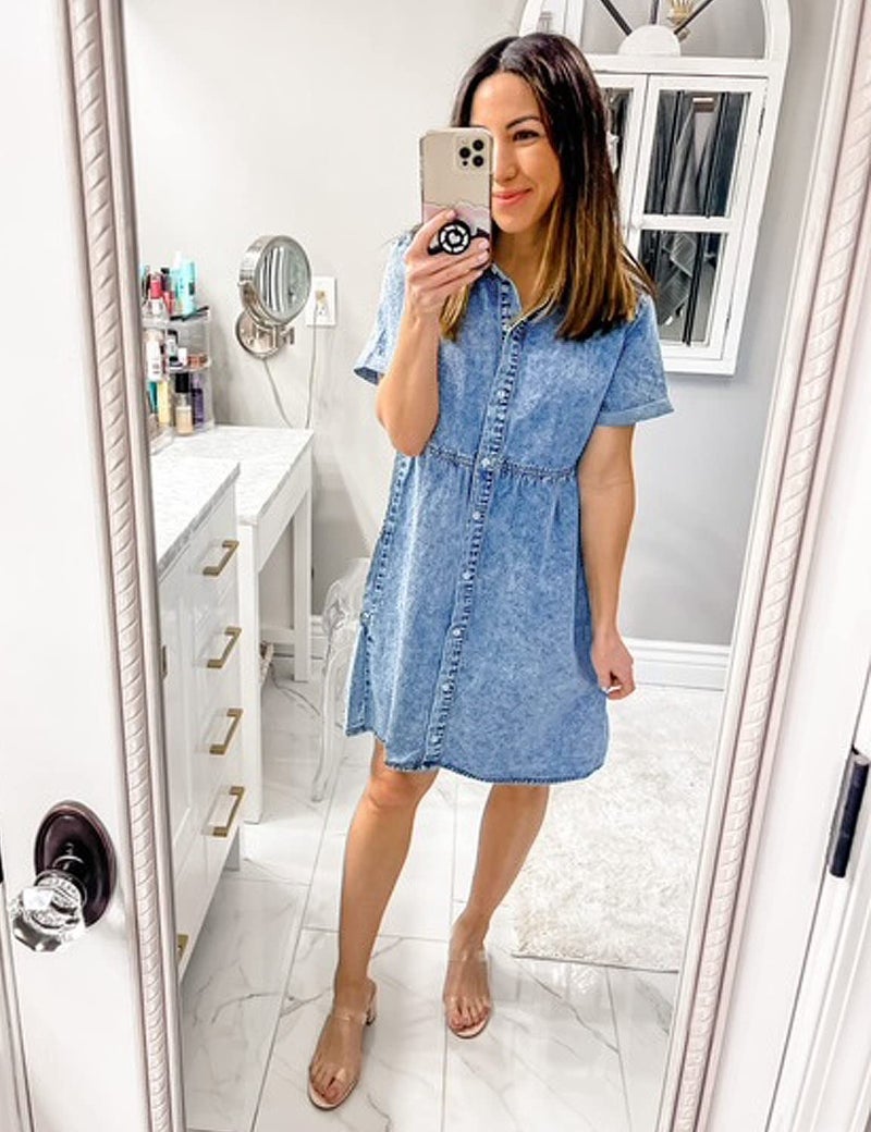 LookbookStore Holiday Dresses for Women 2026 Button Down Dress Casual Women Denim Babydoll Dress Short Midi Summer Dress Oversized Denim Short Dress Bay Blue Size M Babydoll Dress Size 8 10 - Image 2