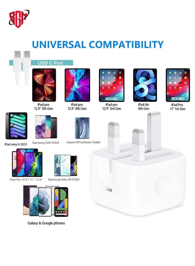 BGM 20W USB Fast Charger For iPad Pro 12.9 USB C to USB C Cable Fast Wall Charger And Plug Power Adapter For iPad Pro 11 inch 2021/2020/2018 iPad Mini 6th Pixel 6/5/3XL/Galaxy (1m) - Image 2