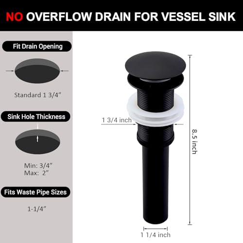Yodel Faucet Bathroom Sink Drain Without Overflow - 1 3/4" Drain Opening - Pop Up Drain for Vessel Sink,Matte Black,Y1618W-BLK - Image 5
