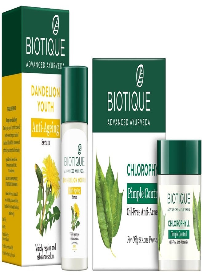 Biotique Bio Chlorophyll Oil Free Anti-Acne Gel & Post Hair Removal Soother For Oily & Acne Prone Skin, 50G And Biotique Bio Dandelion Visibly Ageless Serum, 40 ml - Image 1