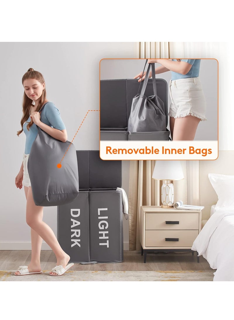 AMROAH - 136L Foldable Double Laundry Hamper with Handles & Lid and Removable Bags, Freestanding Collapsible Divided 2 Section Dual Laundry Basket for Bathroom Bedroom Laundry Room College Dorm - Image 1