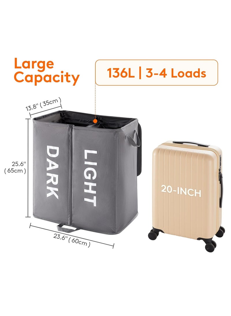 AMROAH - 136L Foldable Double Laundry Hamper with Handles & Lid and Removable Bags, Freestanding Collapsible Divided 2 Section Dual Laundry Basket for Bathroom Bedroom Laundry Room College Dorm - Image 1