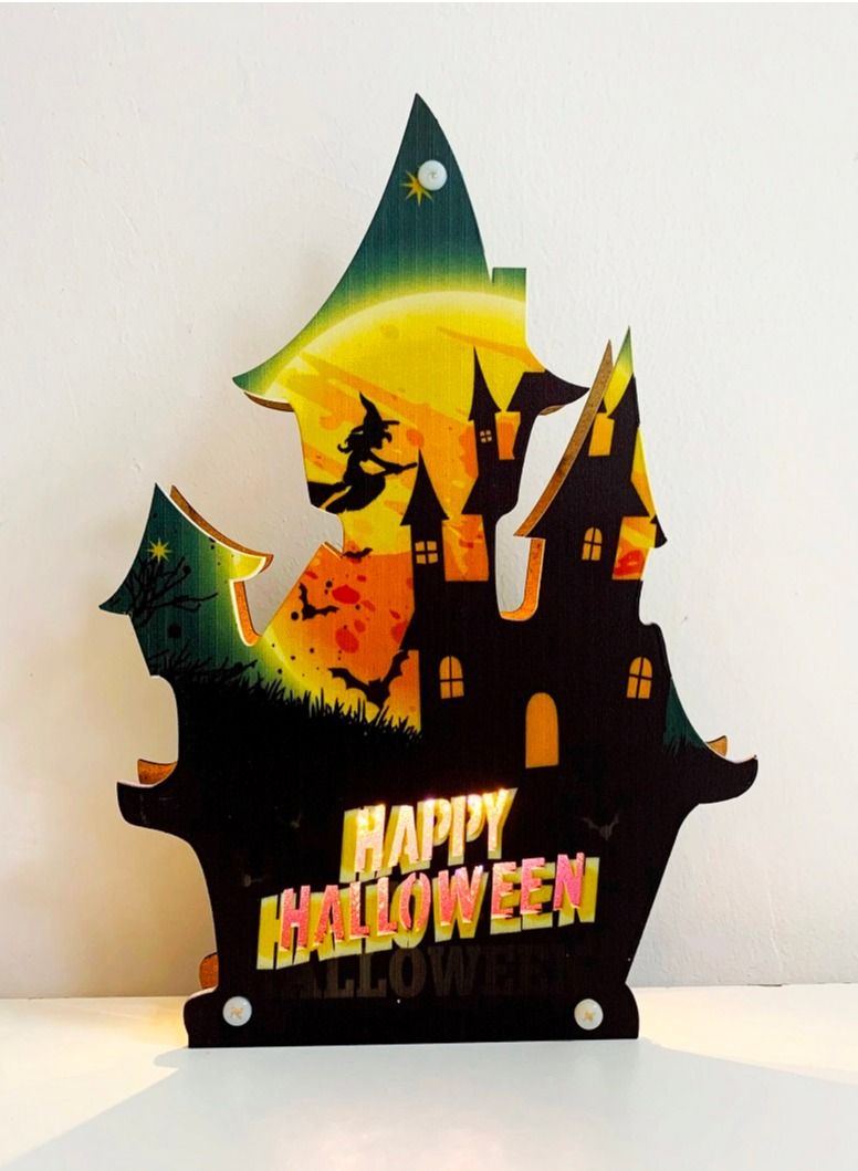 سلة إضاءة هالوين على شكل قصر مخيف مصنوعة من الخشب 24 سم - Image 1