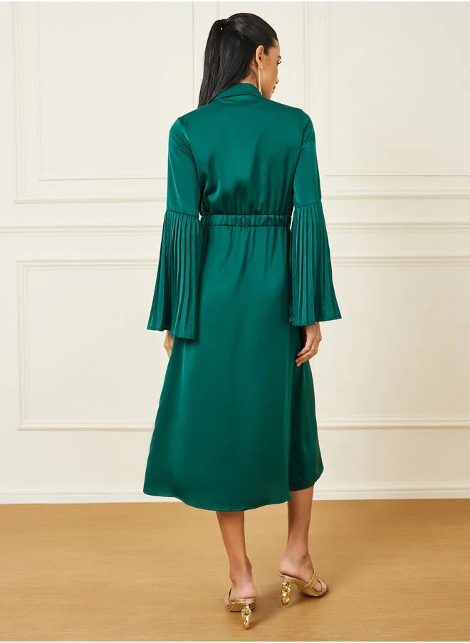 Styli Satin Pleated Detail Shirt Midi Dress
