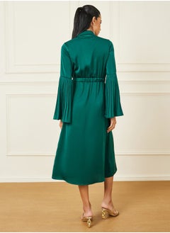 Styli Satin Pleated Detail Shirt Midi Dress  - Image 4