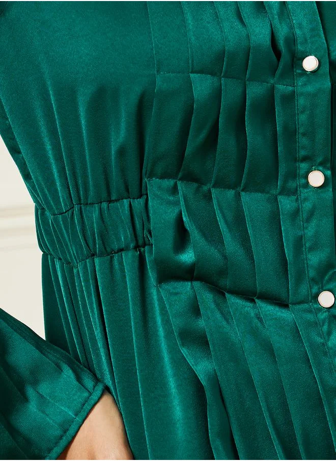 Styli Satin Pleated Detail Shirt Midi Dress