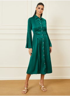 Styli Satin Pleated Detail Shirt Midi Dress  - Image 1