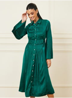 Styli Satin Pleated Detail Shirt Midi Dress  - Image 2