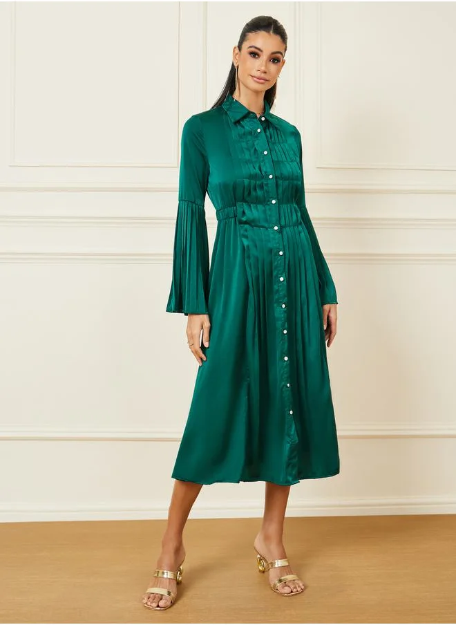 Styli Satin Pleated Detail Shirt Midi Dress