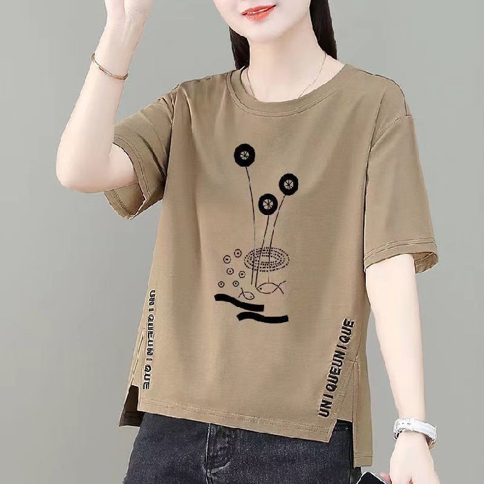 Factory wholesale special spike summer New irregular printing short sleeve t-shirt womens front short back long T-shirt top Grey [Lotus]]  - Image 3