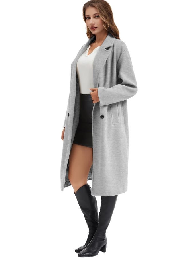 Flygo Womens Long Pea Coat Notch Lapel Double Breasted Trench Coat Fall Winter Overcoat Long Jacket, Light Grey, M - Image 3