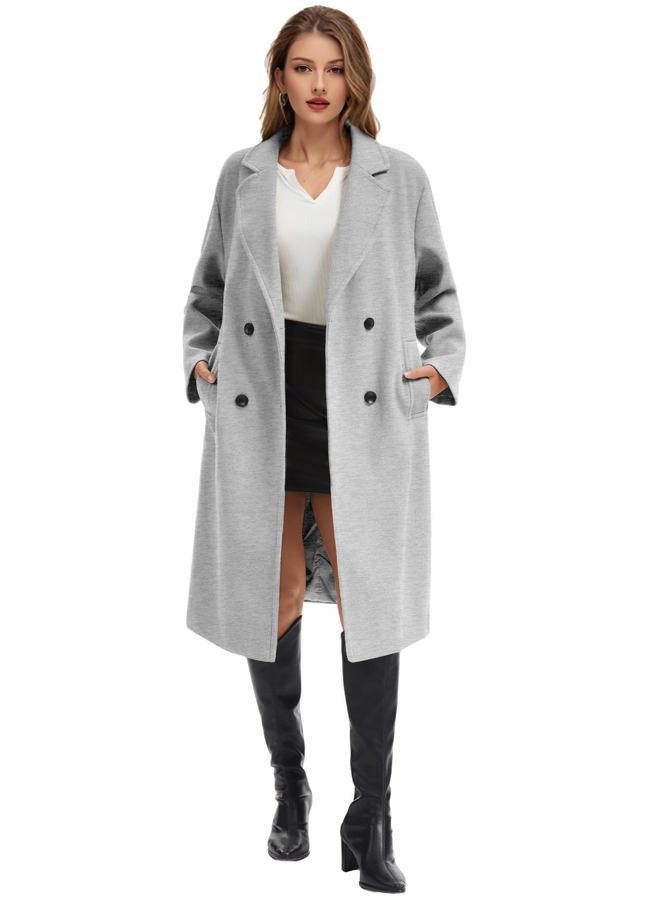 Flygo Womens Long Pea Coat Notch Lapel Double Breasted Trench Coat Fall Winter Overcoat Long Jacket, Light Grey, M - Image 2