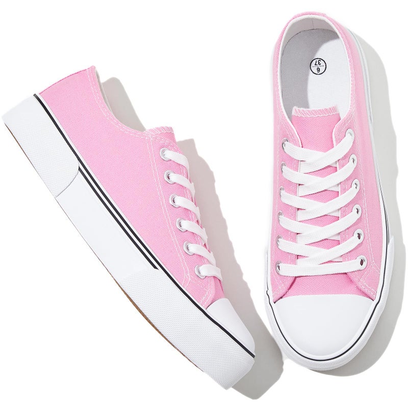Adokoo Canvas Tennis Shoes for Women Low Top Casual White Bright Pink Sneakers for Women Lace Up Fashion Comfortable Walking Shoes (Bright Pink,11) - Image 1