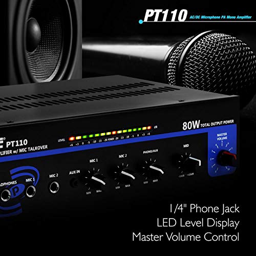 Pyle Compact Mono Public Address Amplifier - Professional 80 Watt Peak 70v PA Amplifier for Restaurants or Commercial Applications, 2 Mic Inputs With Independent Volume Control, Headphone In - PT110 - Image 4