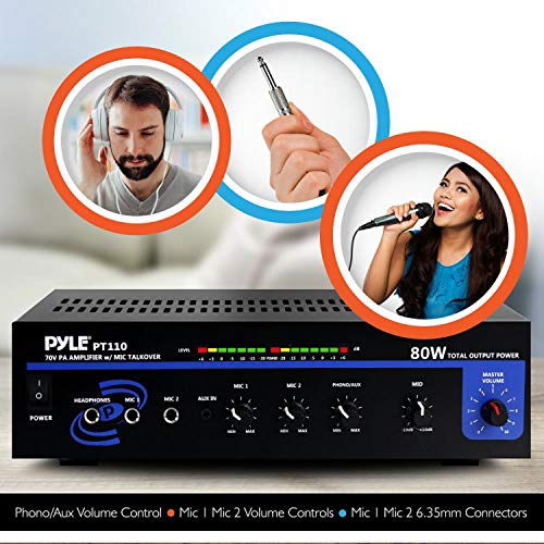Pyle Compact Mono Public Address Amplifier - Professional 80 Watt Peak 70v PA Amplifier for Restaurants or Commercial Applications, 2 Mic Inputs With Independent Volume Control, Headphone In - PT110 - Image 2