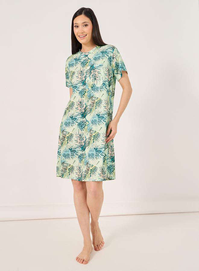 Styli All Over Tropical Palm Print Pocket Sleep T-Shirt Dress  - Image 1