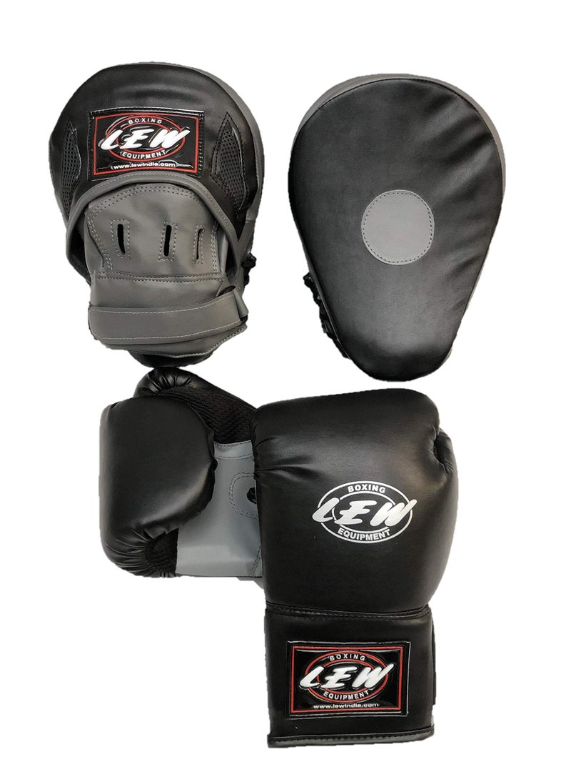 LEW Super Combo Grey/Black Focus Pad with Training Gloves (Grey/Black, 12 OZ Gloves with Focus Pad) - Image 1