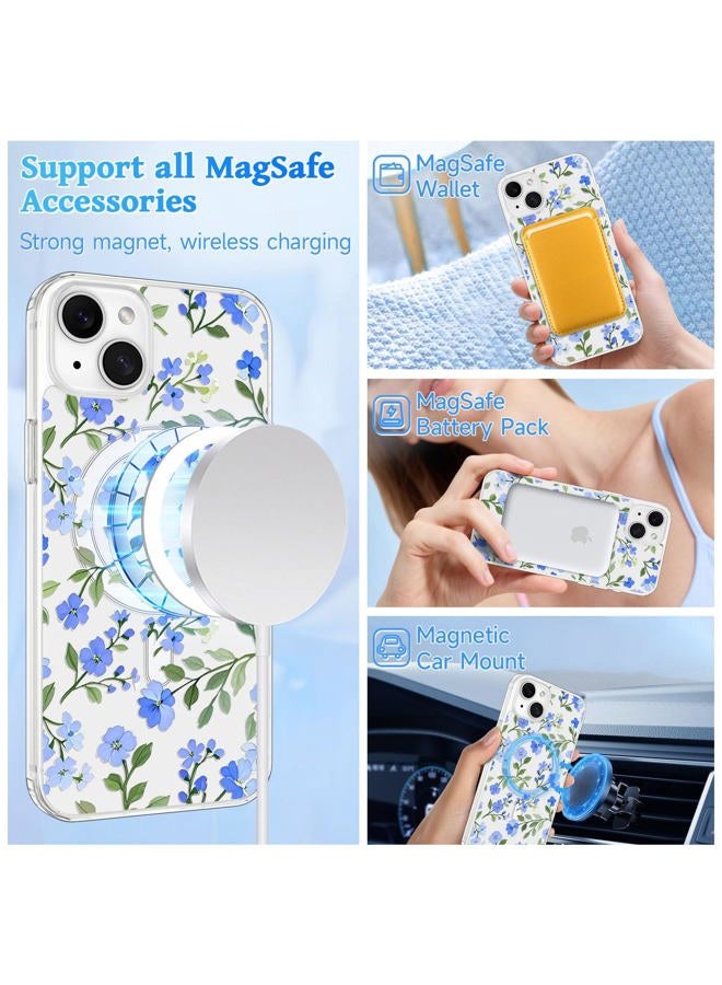 EYZUTAK Magnetic for iPhone 15 Case Flower Case Compatible with MagSafe, Pretty Floral Stylish Aesthetic Phone Cover Slim Clear Anti-Yellowing Protective Cover for Girls Women - Blue - Image 2