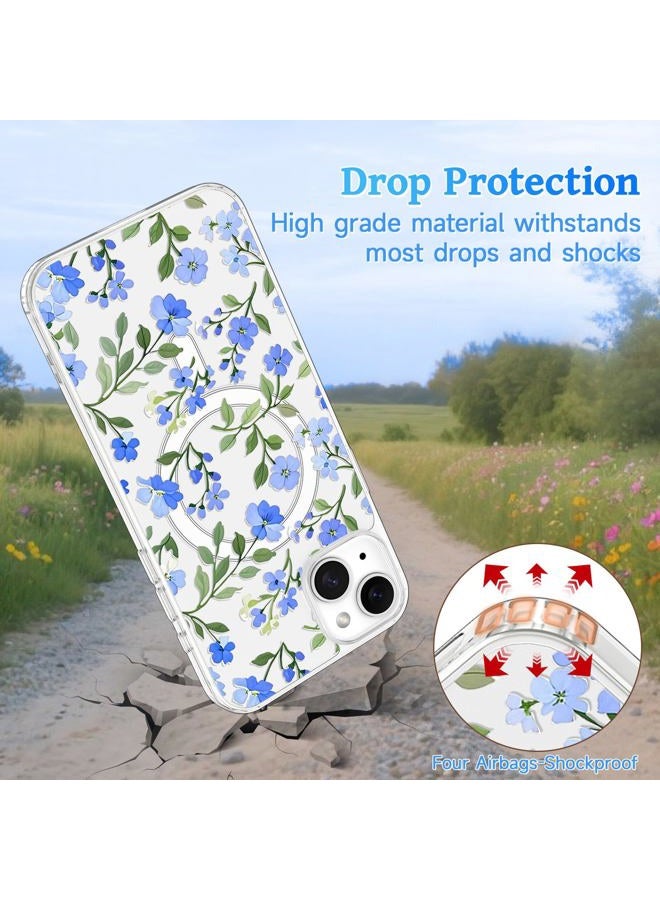 EYZUTAK Magnetic for iPhone 15 Case Flower Case Compatible with MagSafe, Pretty Floral Stylish Aesthetic Phone Cover Slim Clear Anti-Yellowing Protective Cover for Girls Women - Blue - Image 3