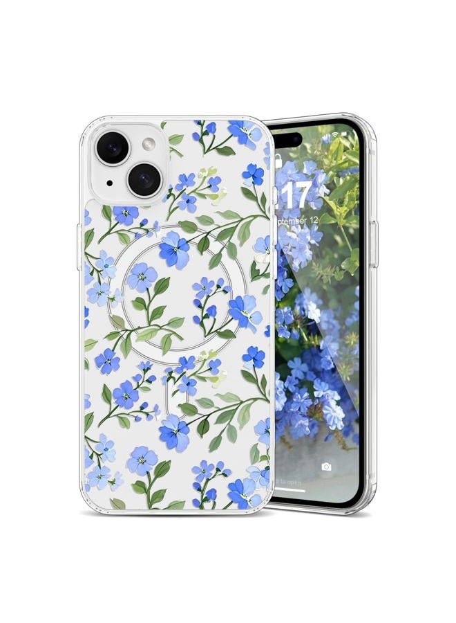 EYZUTAK Magnetic for iPhone 15 Case Flower Case Compatible with MagSafe, Pretty Floral Stylish Aesthetic Phone Cover Slim Clear Anti-Yellowing Protective Cover for Girls Women - Blue - Image 1