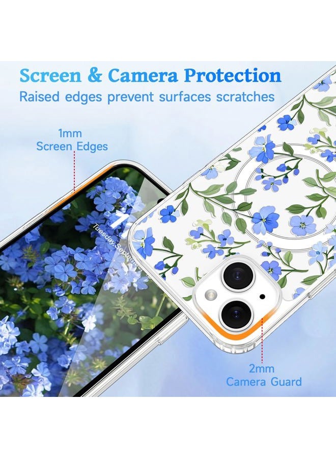 EYZUTAK Magnetic for iPhone 15 Case Flower Case Compatible with MagSafe, Pretty Floral Stylish Aesthetic Phone Cover Slim Clear Anti-Yellowing Protective Cover for Girls Women - Blue - Image 4