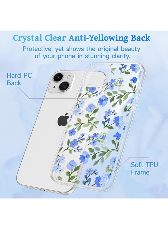 EYZUTAK Magnetic for iPhone 15 Case Flower Case Compatible with MagSafe, Pretty Floral Stylish Aesthetic Phone Cover Slim Clear Anti-Yellowing Protective Cover for Girls Women - Blue - Image 5