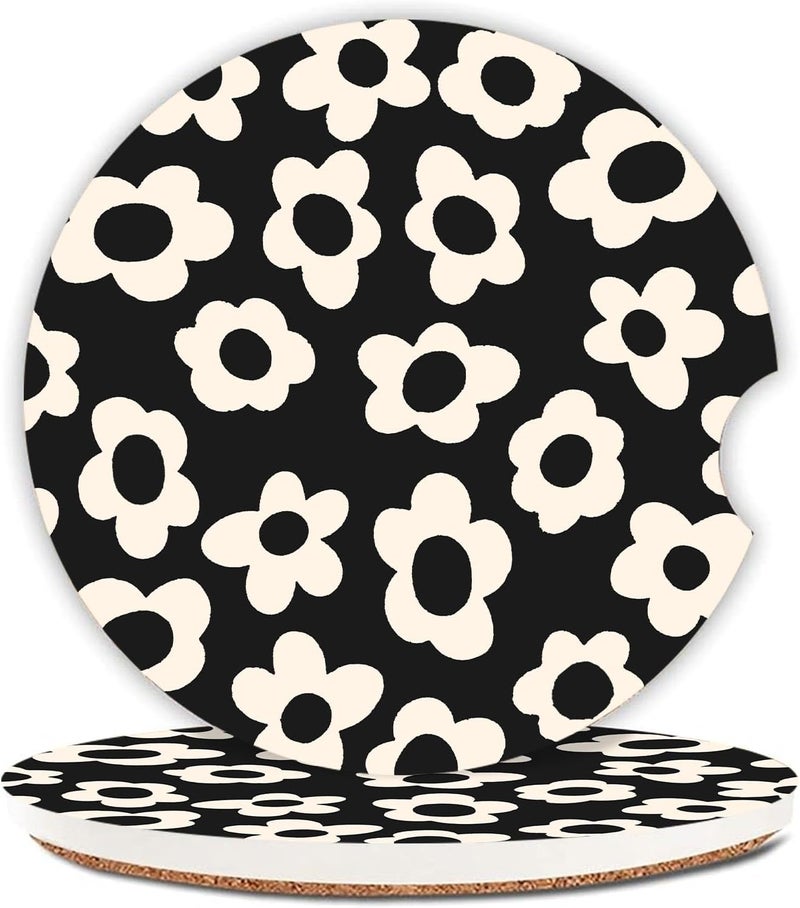 Adastrah Absorbent Car Coasters 2 Pack for Cup Holders, 2.56" Ceramic Stone & Non-Scratch Cork Base Drink Coasters(White Flower) - Image 1