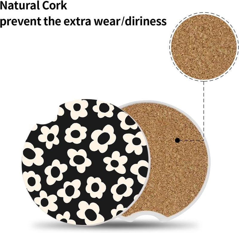 Adastrah Absorbent Car Coasters 2 Pack for Cup Holders, 2.56" Ceramic Stone & Non-Scratch Cork Base Drink Coasters(White Flower) - Image 2