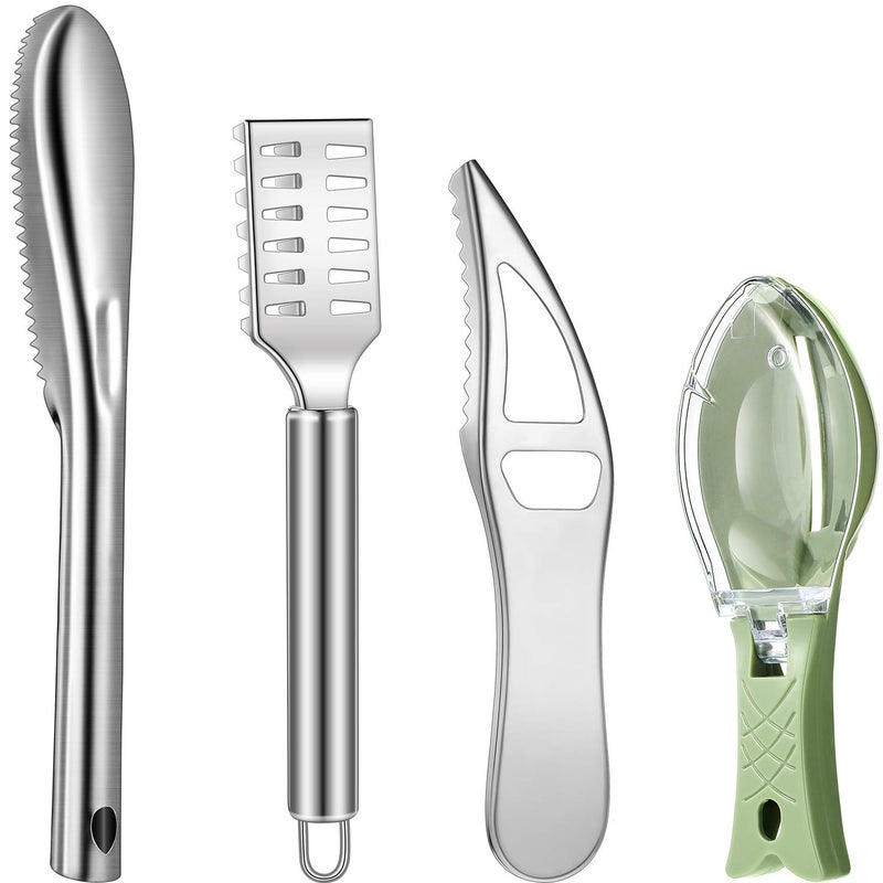 Honoson 4 Pieces Stainless Steel Fish Scale Remover Cleaner Kitchen Fish Scaler Fish Skin Graters Cleaning Peeler Scaler Scraper with Bottle Opener for Kitchen Fish Cleaning Tools  - Image 1