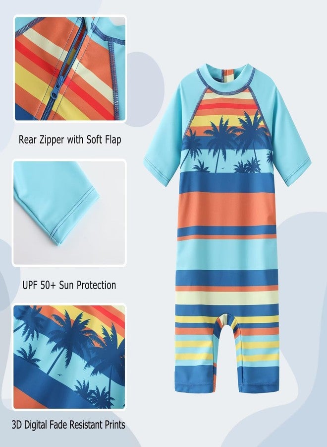 Aisyee Baby Boys Rash Guard Sunsuits for Toddler Boys One Piece Swimsuits UPF 50+ Short Sleeve Bathing Suits Beachwear Beach Palm Vibe 24 Months - Image 3