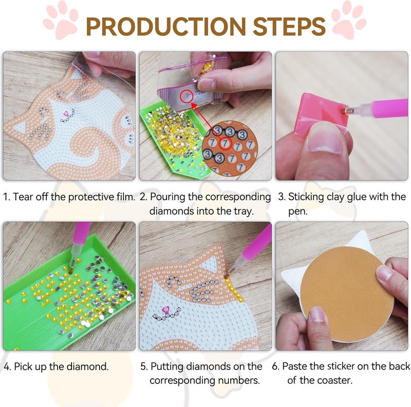 Vcekract Diamond Painting Coasters Kits, 6 Pcs Cat Diamond Art Coasters with Holder, Crafts Kits for DIY Coasters, Diamond Art Kits for Adults - Image 4