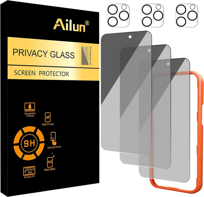 Ailun 3 Pack Privacy Screen Protector for iPhone 16 Pro Max [6.9 inch]+ 3 Pack Camera Lens Protector,Dynamic Island Compatible,Anti Spy Tempered Glass[9H Hardness][Not for iPhone 16e/16/16Pro/16Plus] - Image 1