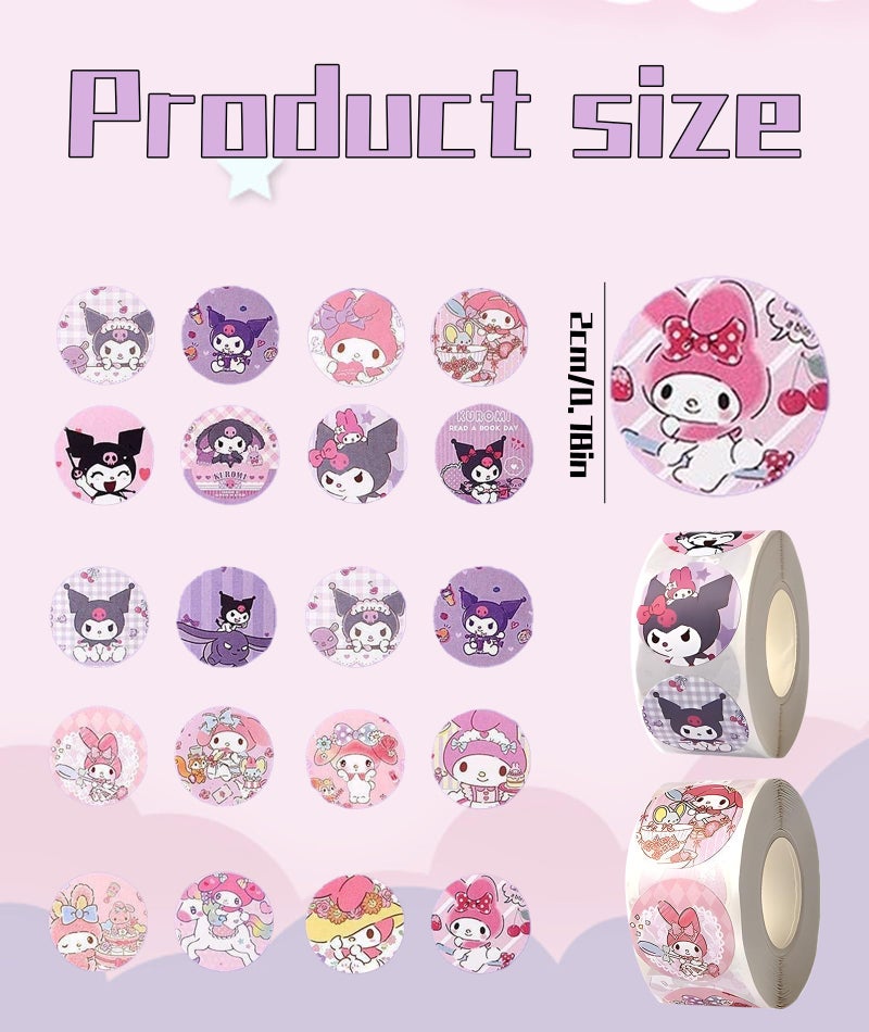 Zytiqt 1000Pcs Kawaii Stickers Set, 2 Rolls Cute Stickers Kawaii with Melody and Kuromi Designs, Sticker Roll for Girls, Kawaii Sticker, Cinnamoroll Stationery, Stickers Set for DIY Decor - Image 2
