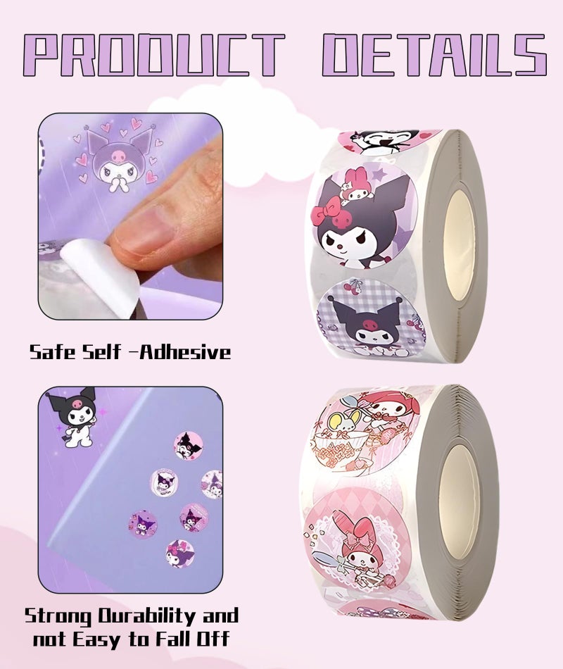 Zytiqt 1000Pcs Kawaii Stickers Set, 2 Rolls Cute Stickers Kawaii with Melody and Kuromi Designs, Sticker Roll for Girls, Kawaii Sticker, Cinnamoroll Stationery, Stickers Set for DIY Decor - Image 3