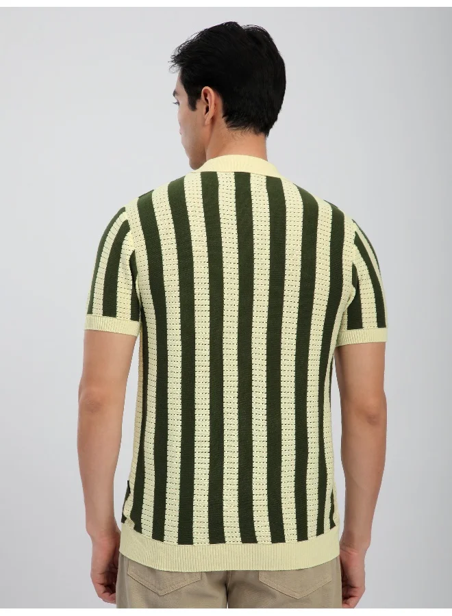 Beyoung Olive Green Striped Flat Knit Shirt