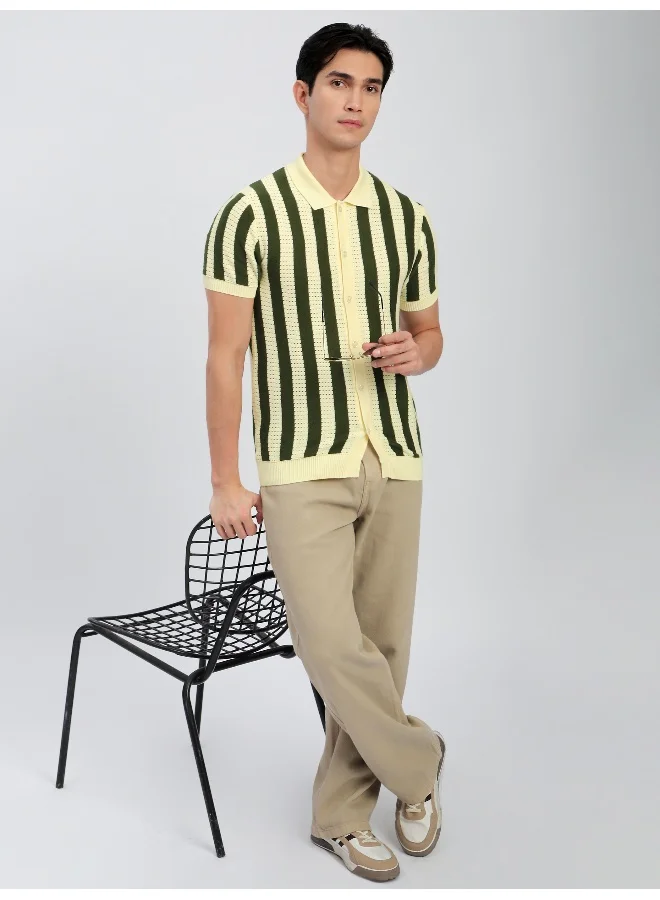 Beyoung Olive Green Striped Flat Knit Shirt