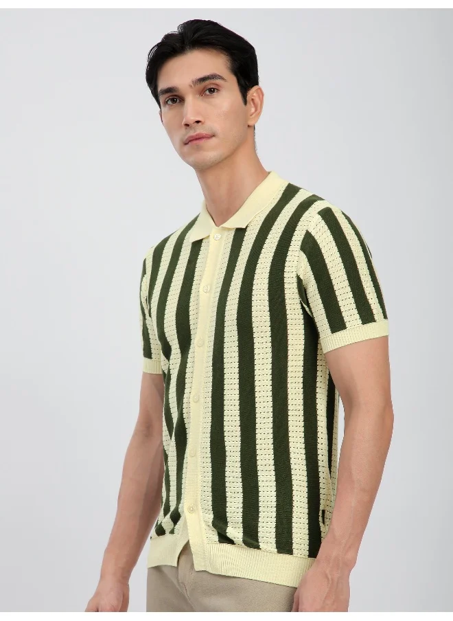 Beyoung Olive Green Striped Flat Knit Shirt