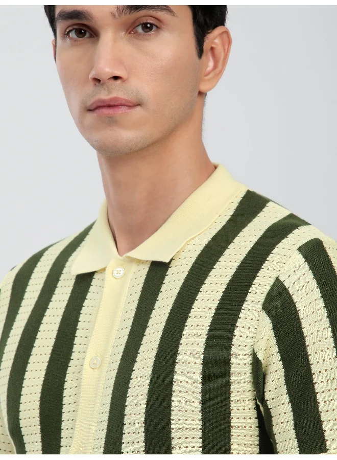 Beyoung Olive Green Striped Flat Knit Shirt