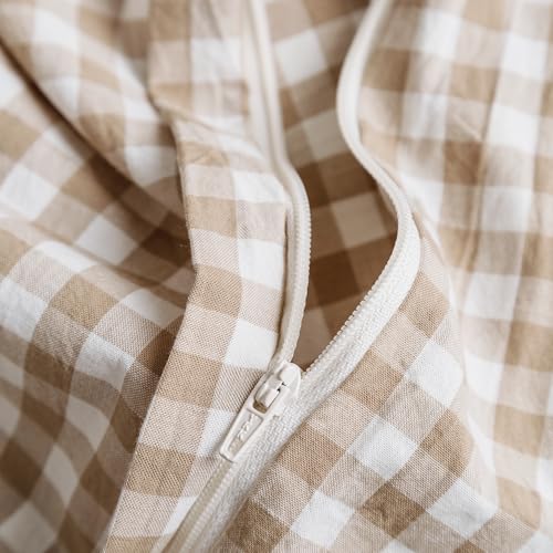 SUSYBAO Tan Gingham Duvet Cover King 100% Washed Cotton Beige Plaid Duvet Cover Set 3 Pieces 1 Checkered Grid Duvet Cover with Zipper Ties 2 Pillowcases Vintage Luxury Soft Gingham Bedding Set Durable - Image 4
