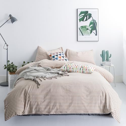 SUSYBAO Tan Gingham Duvet Cover King 100% Washed Cotton Beige Plaid Duvet Cover Set 3 Pieces 1 Checkered Grid Duvet Cover with Zipper Ties 2 Pillowcases Vintage Luxury Soft Gingham Bedding Set Durable - Image 1