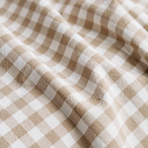 SUSYBAO Tan Gingham Duvet Cover King 100% Washed Cotton Beige Plaid Duvet Cover Set 3 Pieces 1 Checkered Grid Duvet Cover with Zipper Ties 2 Pillowcases Vintage Luxury Soft Gingham Bedding Set Durable - Image 3
