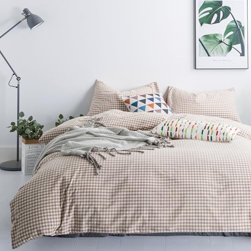 SUSYBAO Tan Gingham Duvet Cover King 100% Washed Cotton Beige Plaid Duvet Cover Set 3 Pieces 1 Checkered Grid Duvet Cover with Zipper Ties 2 Pillowcases Vintage Luxury Soft Gingham Bedding Set Durable - Image 2
