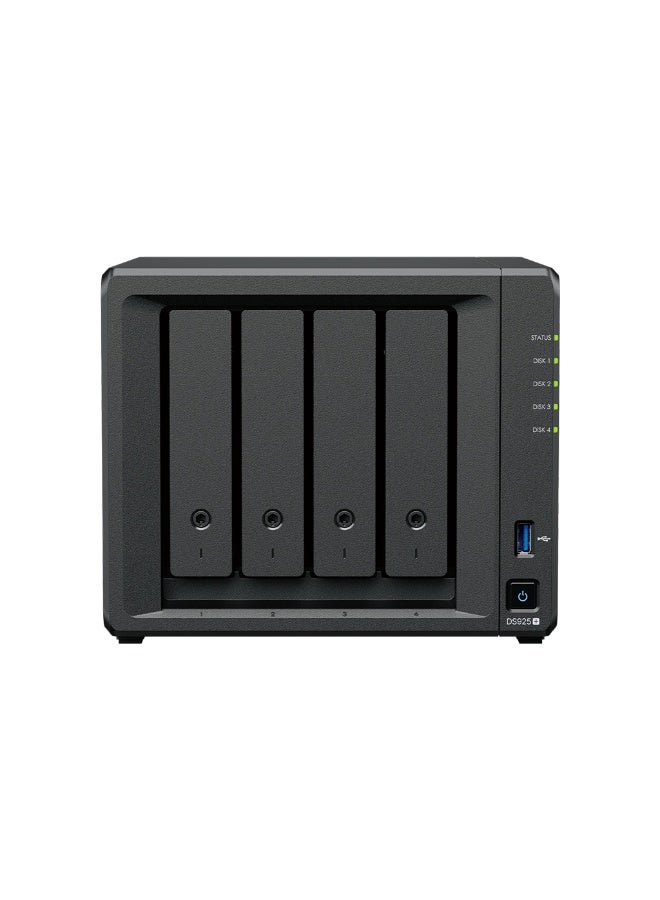 DS925+ Diskless 4-Bay NAS – AMD Ryzen V1500B, 4GB DDR4 ECC (Up to 32GB), Dual 2.5GbE, 2x M.2 NVMe, USB 3.2, RAID 0/1/5/6/10, Btrfs/EXT4, Expandable to 180TB, DSM 7.2, Virtualization & Surveillance Ready Black