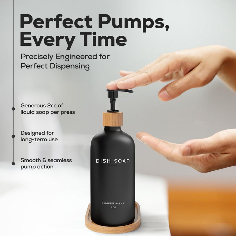 Brighter Barns Black Glass Dish Soap Dispenser for Kitchen Sink by Brighter Barns - Modern Kitchen Soap Dispenser Set with Tray - Bamboo Bottle with Pump - Boho Home Decor, Modern Home Decor for Airbnb, Gift (Black) - Image 4