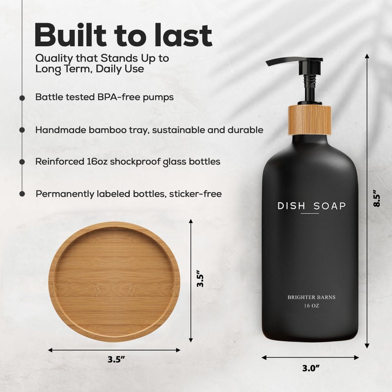 Brighter Barns Black Glass Dish Soap Dispenser for Kitchen Sink by Brighter Barns - Modern Kitchen Soap Dispenser Set with Tray - Bamboo Bottle with Pump - Boho Home Decor, Modern Home Decor for Airbnb, Gift (Black) - Image 3