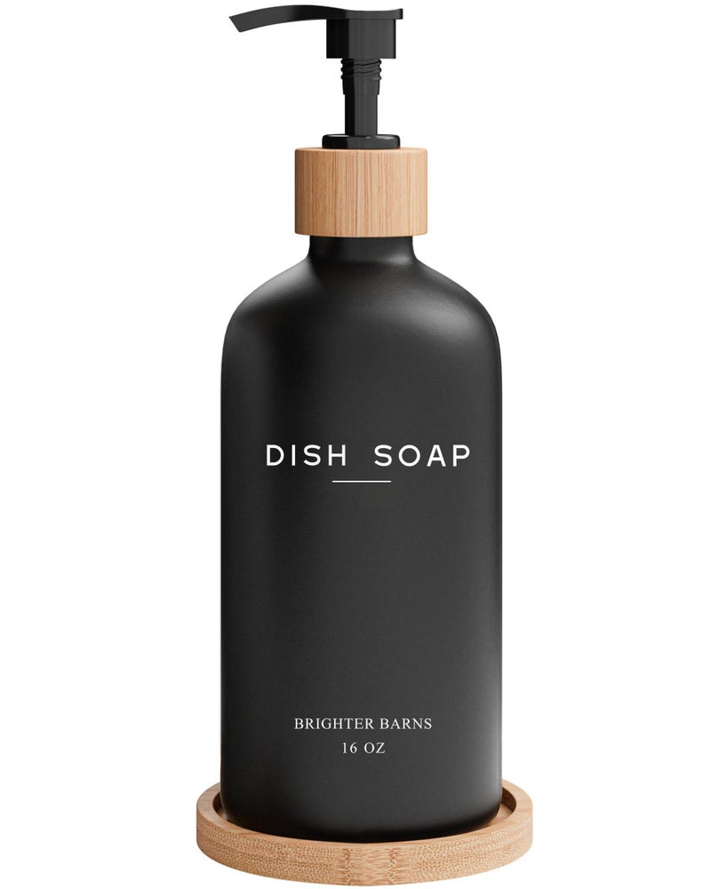 Brighter Barns Black Glass Dish Soap Dispenser for Kitchen Sink by Brighter Barns - Modern Kitchen Soap Dispenser Set with Tray - Bamboo Bottle with Pump - Boho Home Decor, Modern Home Decor for Airbnb, Gift (Black) - Image 1