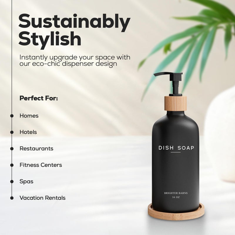 Brighter Barns Black Glass Dish Soap Dispenser for Kitchen Sink by Brighter Barns - Modern Kitchen Soap Dispenser Set with Tray - Bamboo Bottle with Pump - Boho Home Decor, Modern Home Decor for Airbnb, Gift (Black) - Image 2