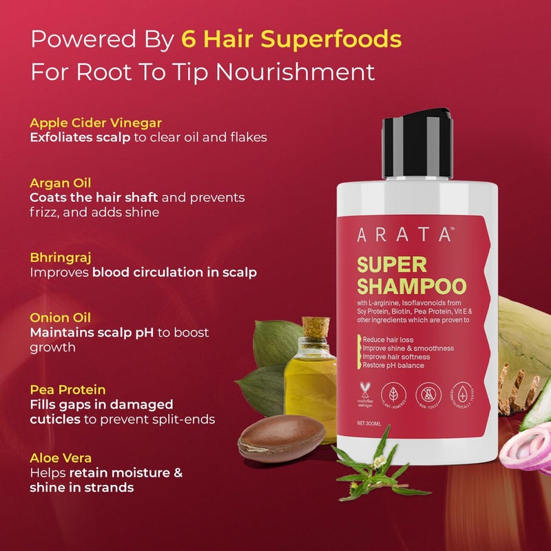 Arata 6in1 Super Shampoo Prevents Hair loss Restores pH Balance Boosts Hair Thickness Reduces Breakage Fights Microbial Infections Adds Shine Shampoo For Women Men 300ml - Image 4
