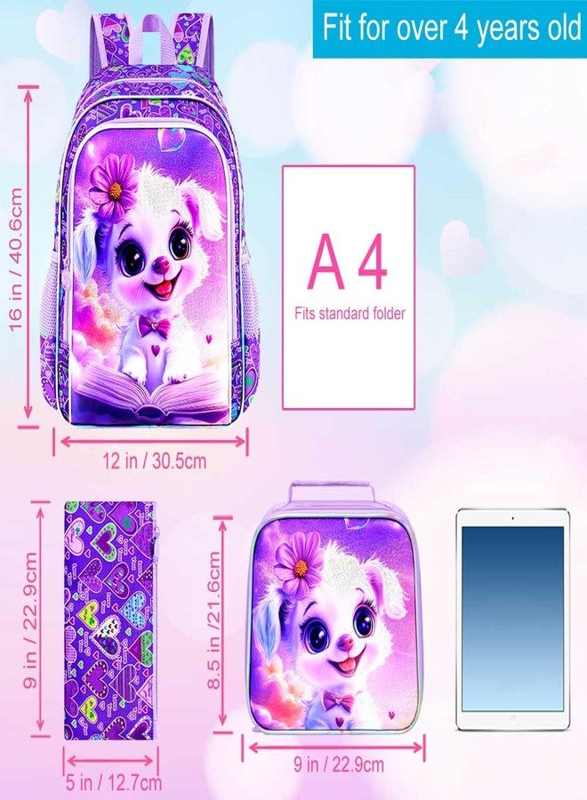 gxtvo 3PCS Dog Bookbag for Girls, 16" Kids Backpack with Lunch Box, Water Resistant School Bag for Elementary Preschool Toddler - Reading Puppy Pink - Image 4