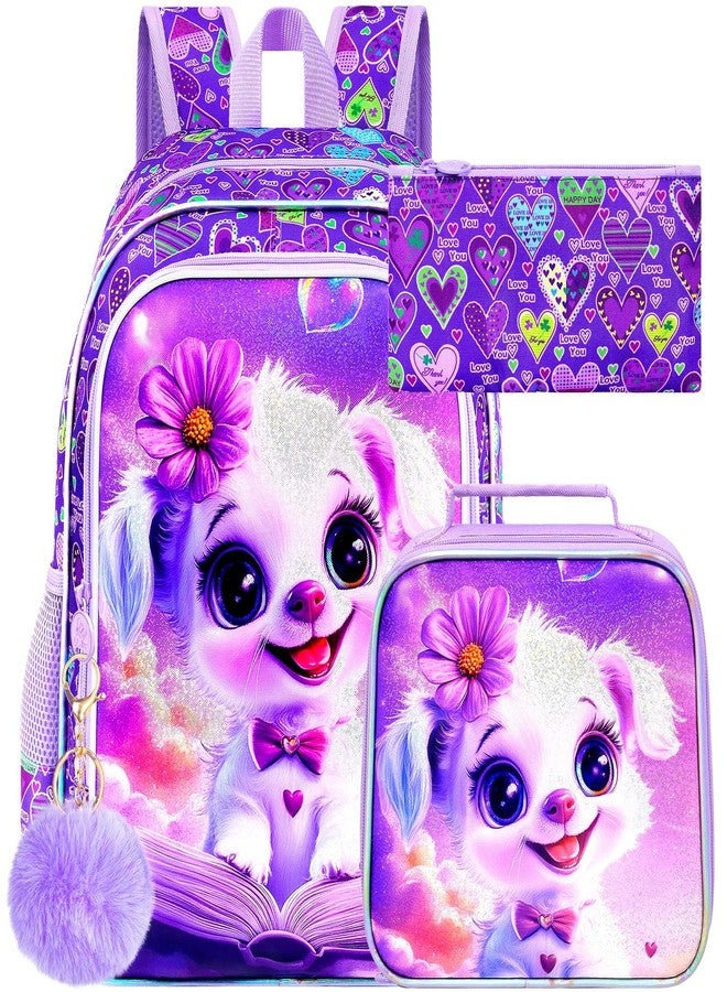 gxtvo 3PCS Dog Bookbag for Girls, 16" Kids Backpack with Lunch Box, Water Resistant School Bag for Elementary Preschool Toddler - Reading Puppy Pink - Image 1